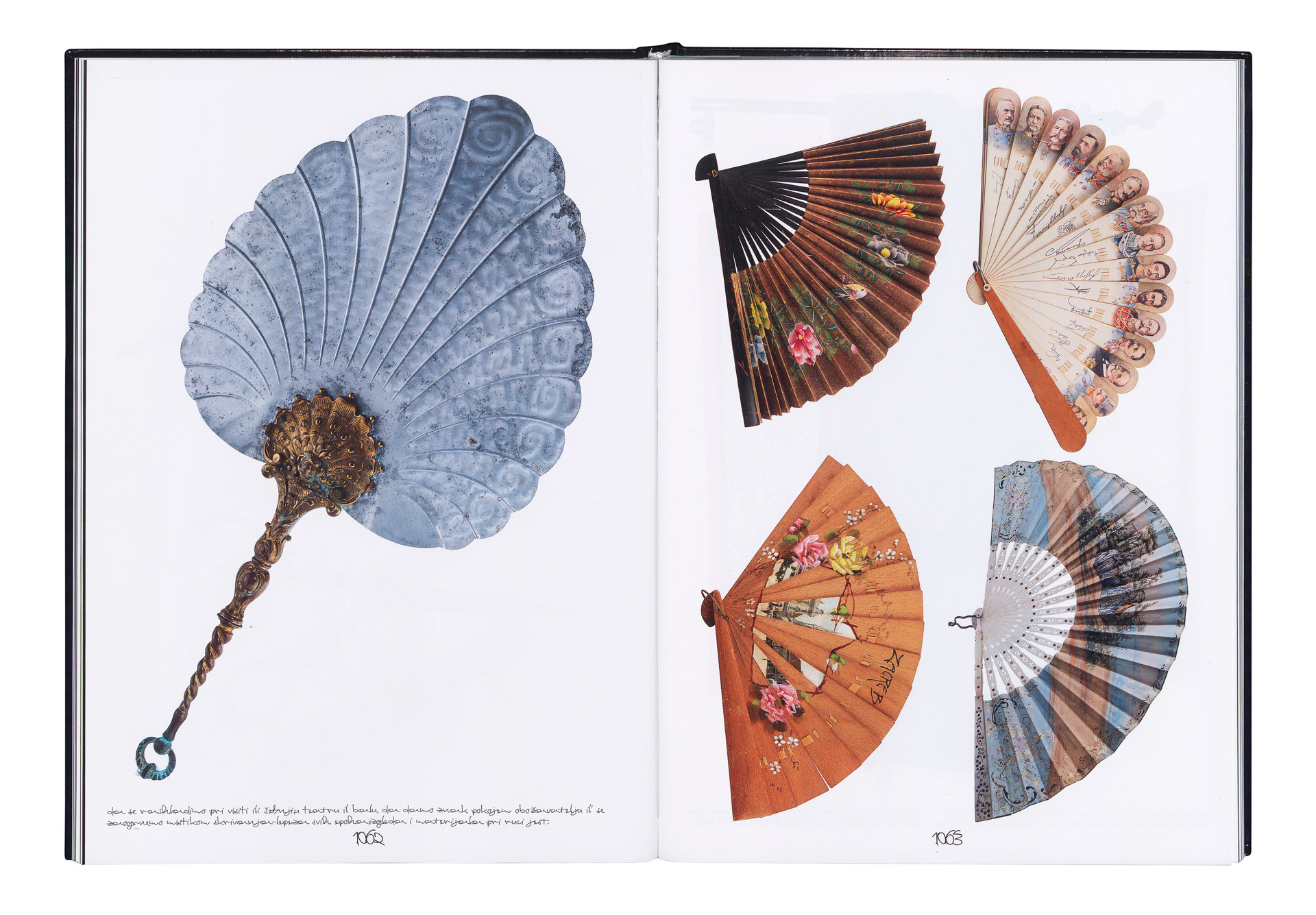 A spread of a book, with 5 fans from different periods.