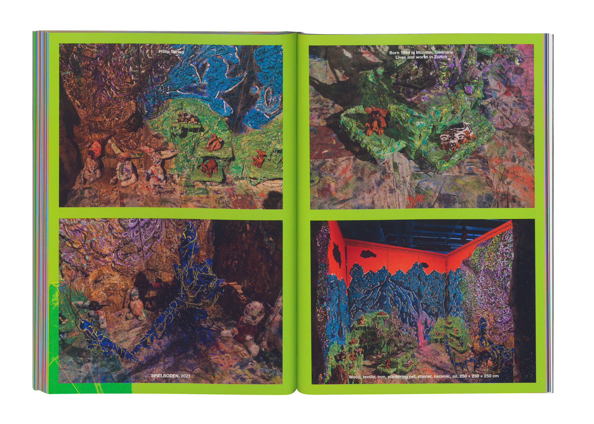 Spread of a book, with very high contrast green and orange, as well as earthy tones. There are 4 pictures on the spread, two on each page – depicting a sort of world.