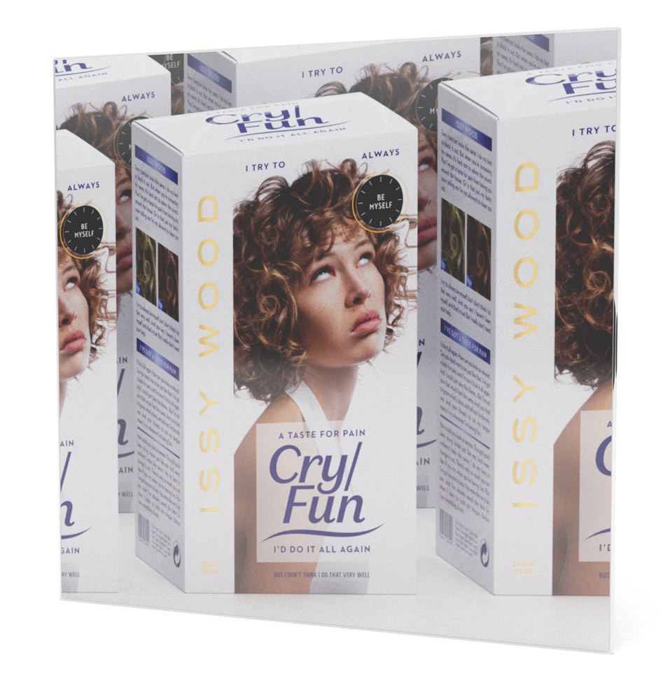 A render of a vinyl cover with the title 'Cry / Fun', featuring a person with curly hair looking upward. The packaging includes text phrases like 'I try to' and 'I'd do it all again.'