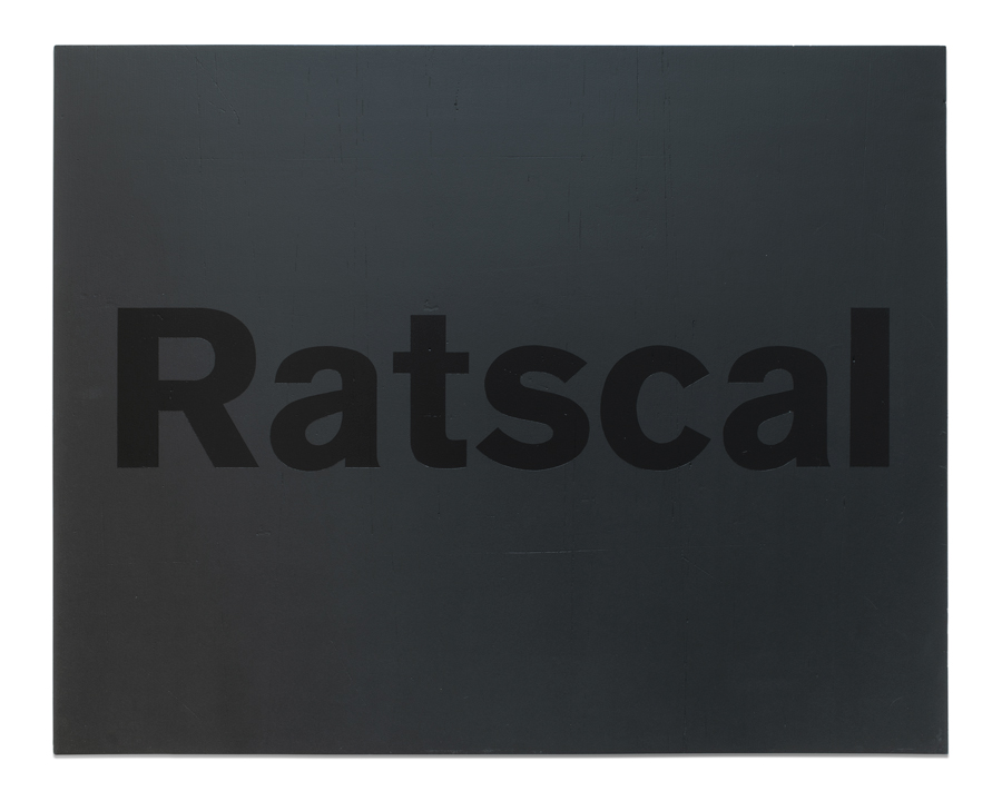 A painting with a solid black background and the words ‘Ratscal’ in bold black lettering on top, on a wood canvas.