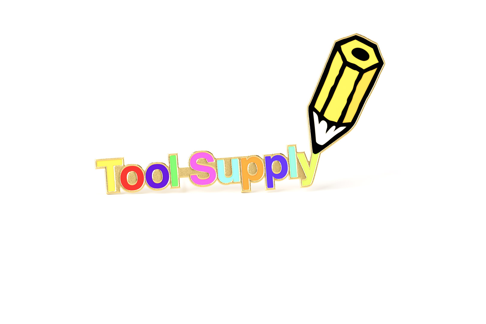 A render of a pin with the word “Tool Supply” in colorful lettering and a big pencil finishing drawing the letter ‘y’.